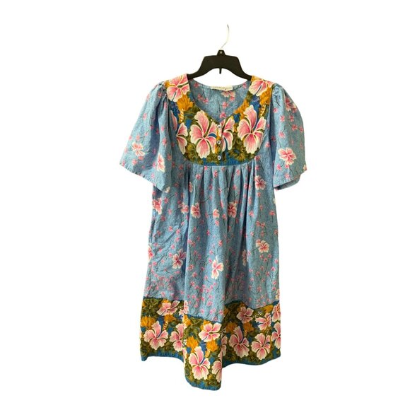 Phases Dresses & Skirts - Phases Womens Size Large Smocked Dress Mixed Prints Blue Short Sleeve Kaftan Mid